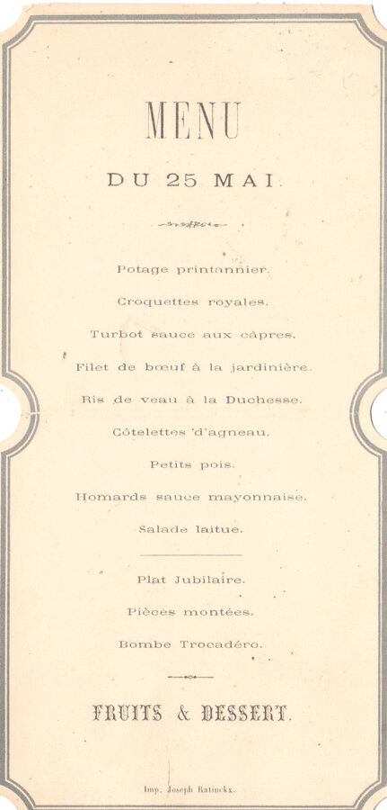 Меню обеда по случаю 25-летия свадьбы 25 мая 1882 года