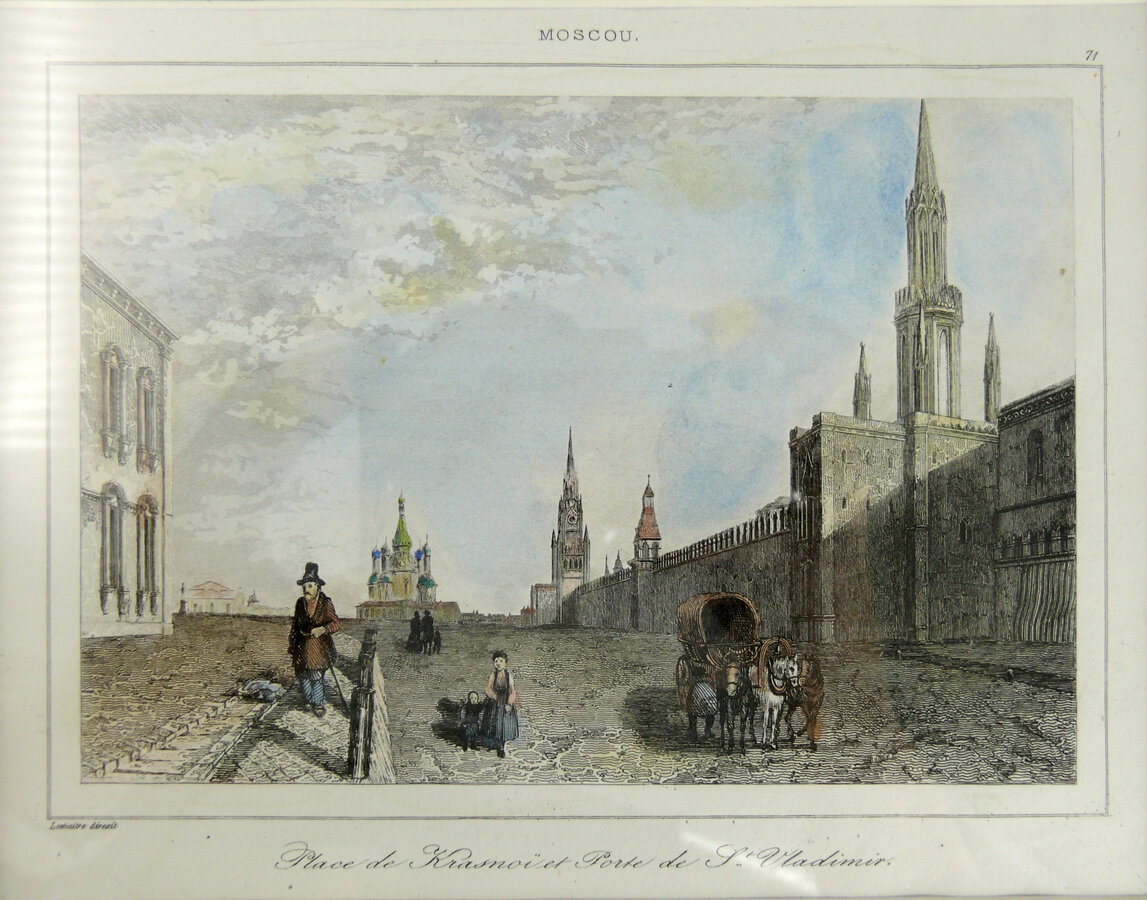 Гравюра "Moscou. Place de Krasnoï et Porte de St. Vladimir"