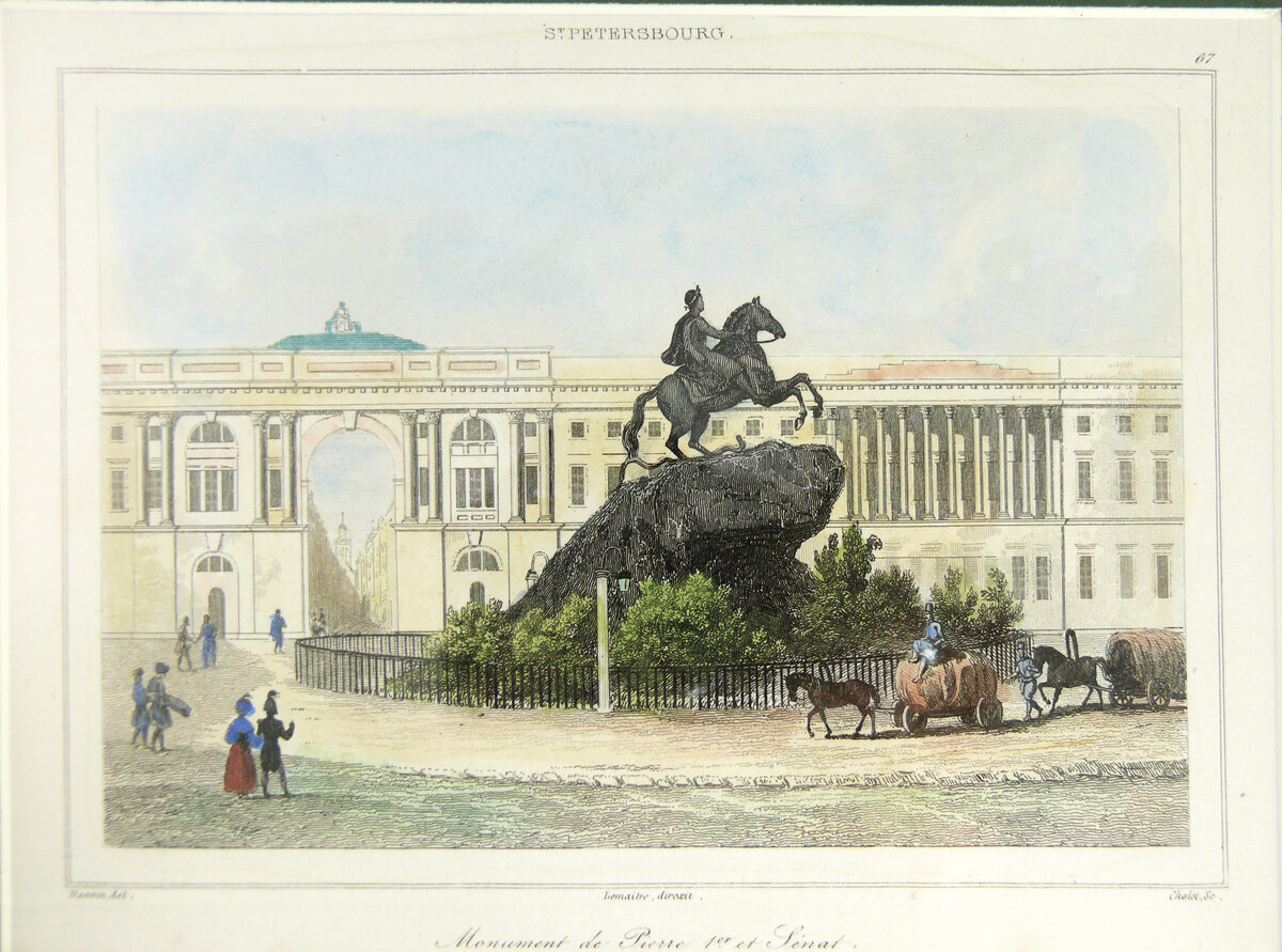 Гравюра "St.Petersbourgr. Monument de Pierre 1er et Senat"