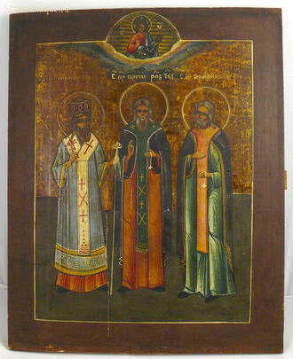 Икона "Святые Сергий Радонежский, Серафим, Феофан"